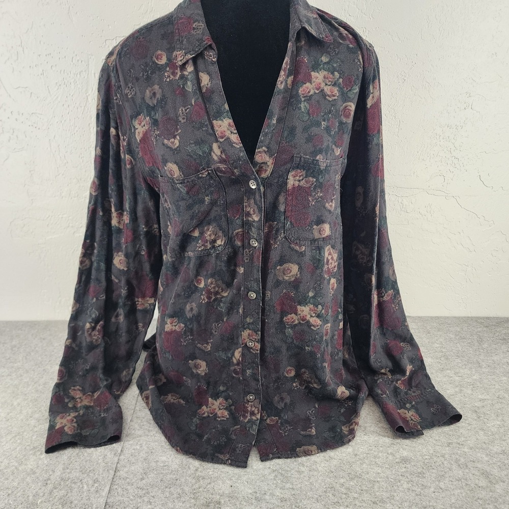 Rock & Republic Womens Medium Black Floral Button Down Rayon Shirt Grunge Boho